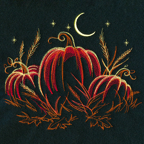 Fall pumpkin night scene embroidery design.