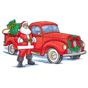 Santa with Red Retro Truck Embroidery Design