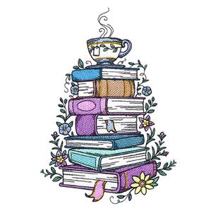 Stack of books with cup ofteaon top