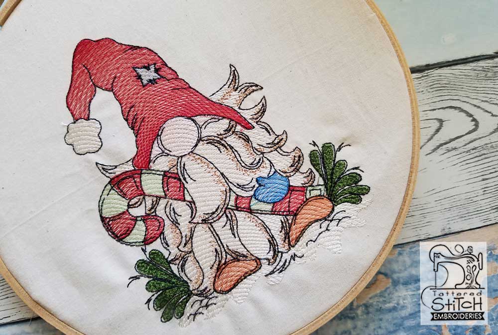 Christmas gnome holding a candy cane embroidery design 