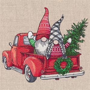 Christmas Gnomes in back of retro red truck