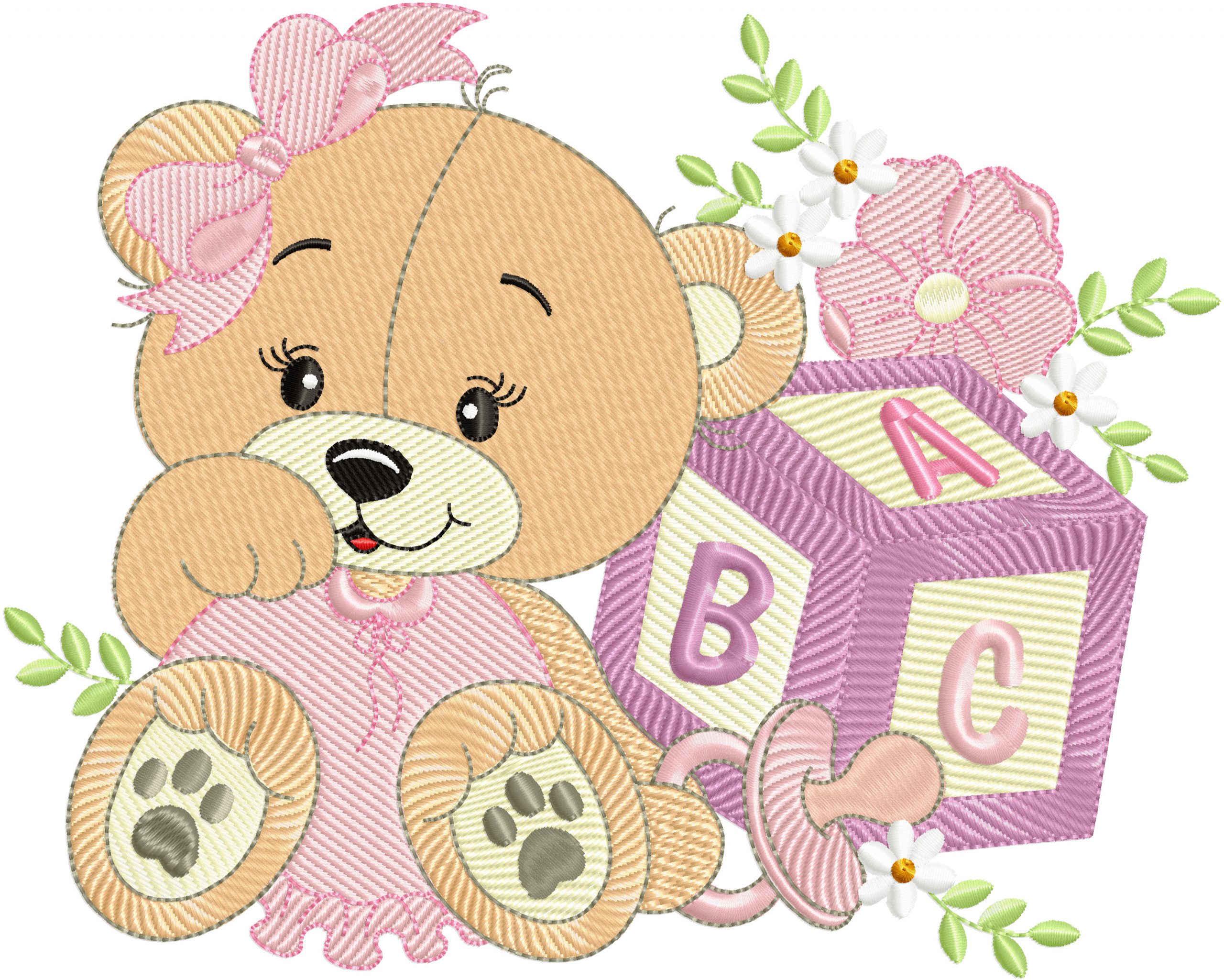 Baby Bear with alphabet block baby embroidery design.