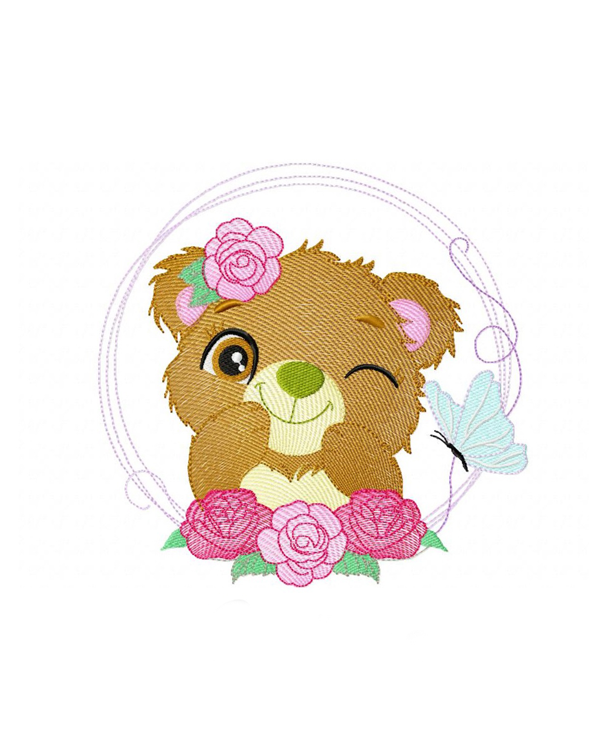 Baby Bear face with flowers embroidery design.