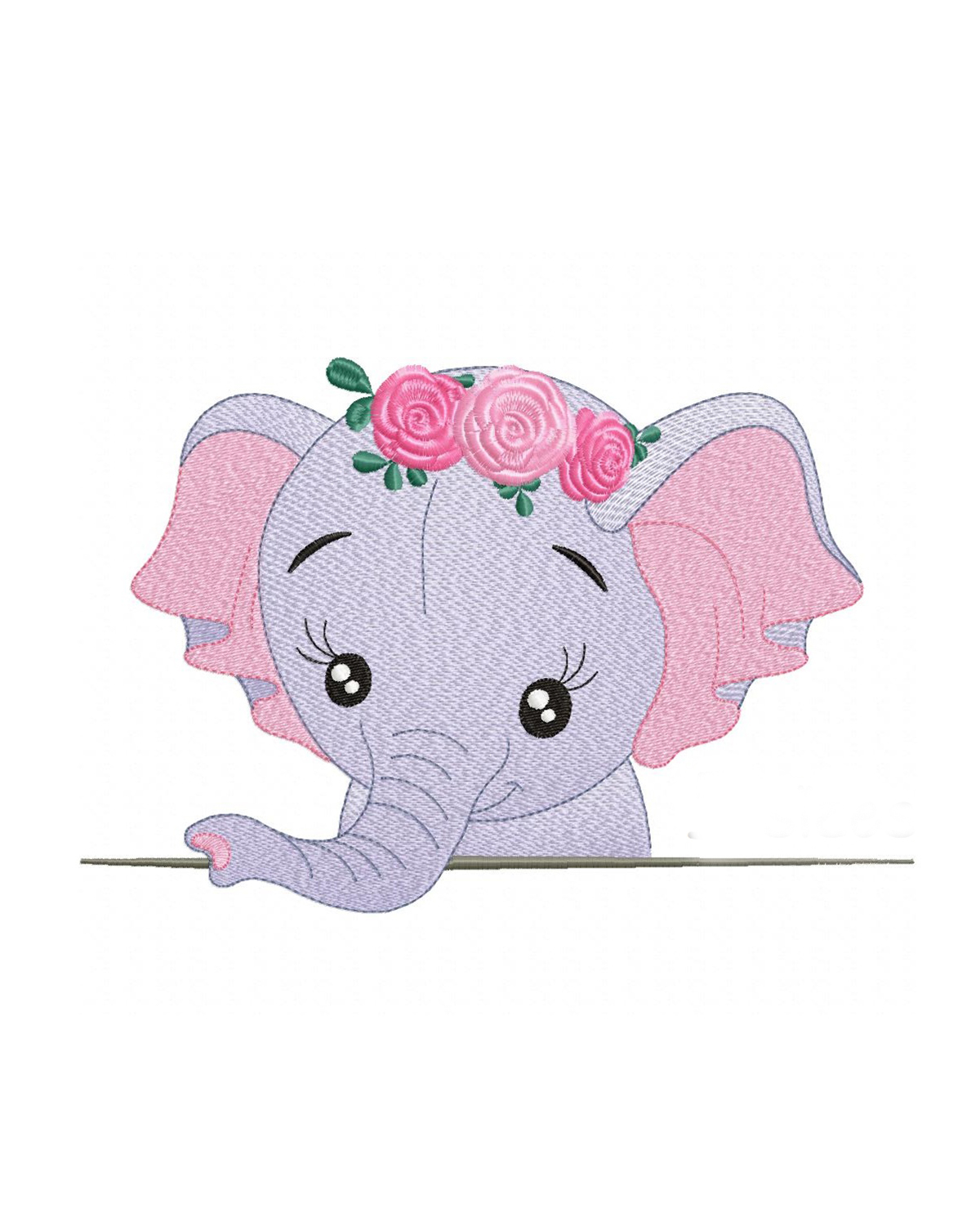 Cute baby elephant looking ahead embroidery design.