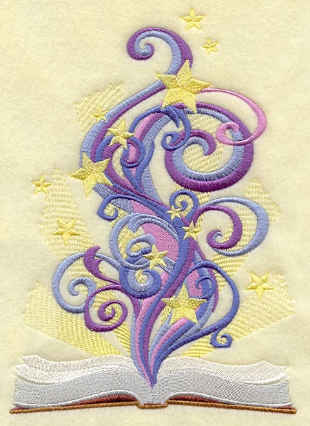 Book with whimsical designs floating out of it machine embroidery design