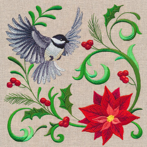 Winter embroidery design with holly poinsettia, and bird