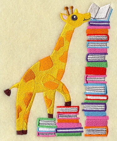 Giraffe reading from a stack of books machine embroidery design 