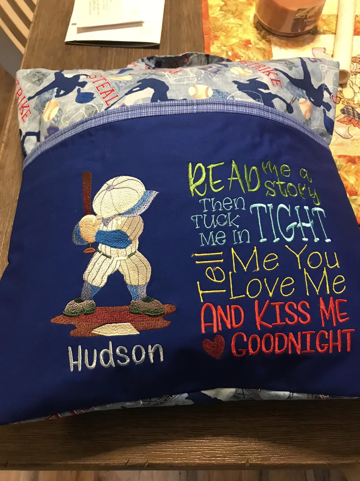 Sample book pillow with baseball theme, baseball player, child's name and cute saying