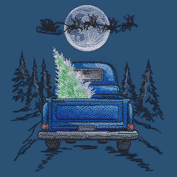 Retro Christmas Truck and Santa's Sleigh in the night sky.