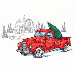 Retro Red Truck with sketch of barn in background