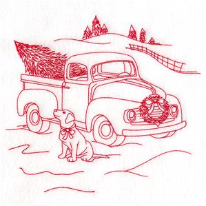 Redwork Retro Truck with dog in the snow embroidery design