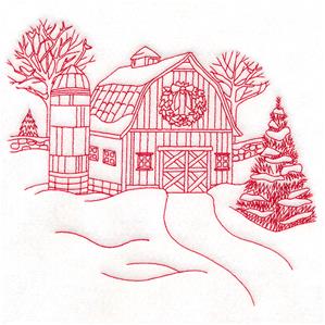 Redwork embroidery design of barn