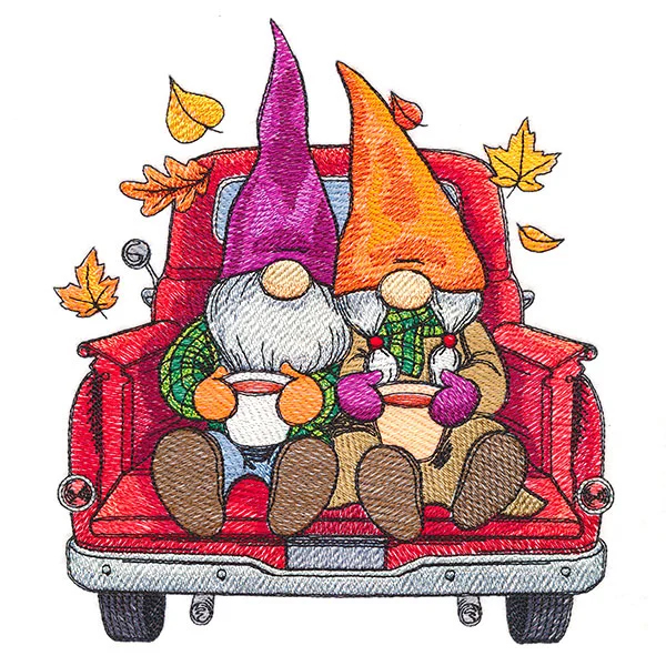 Autumn Gnomes & Retro Truck embroidery design 