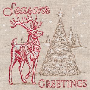 Season's Greetings embroidery design with deer and Christmas tree redwork embroidery design