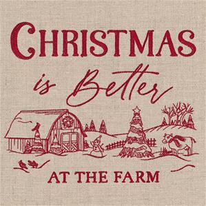 Redwork Christmas Embroidery Design of a farm scene in the winter