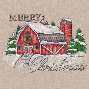 Winter Barn scene with Merry Christmas embroidery design