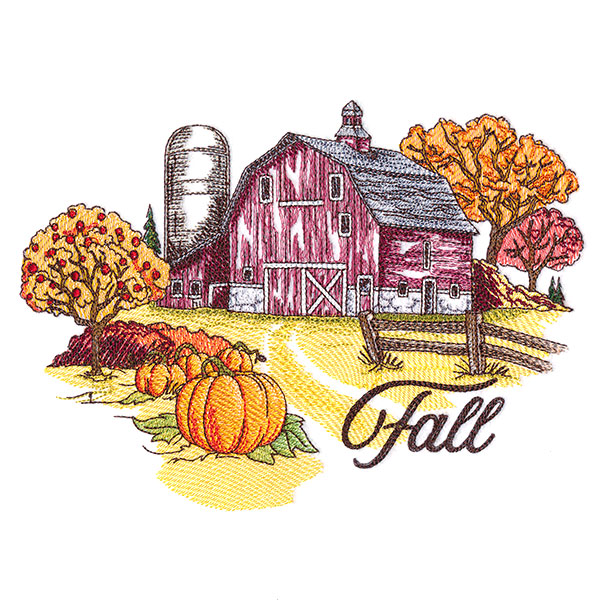 Fall scene with Red Barn embroidery design 