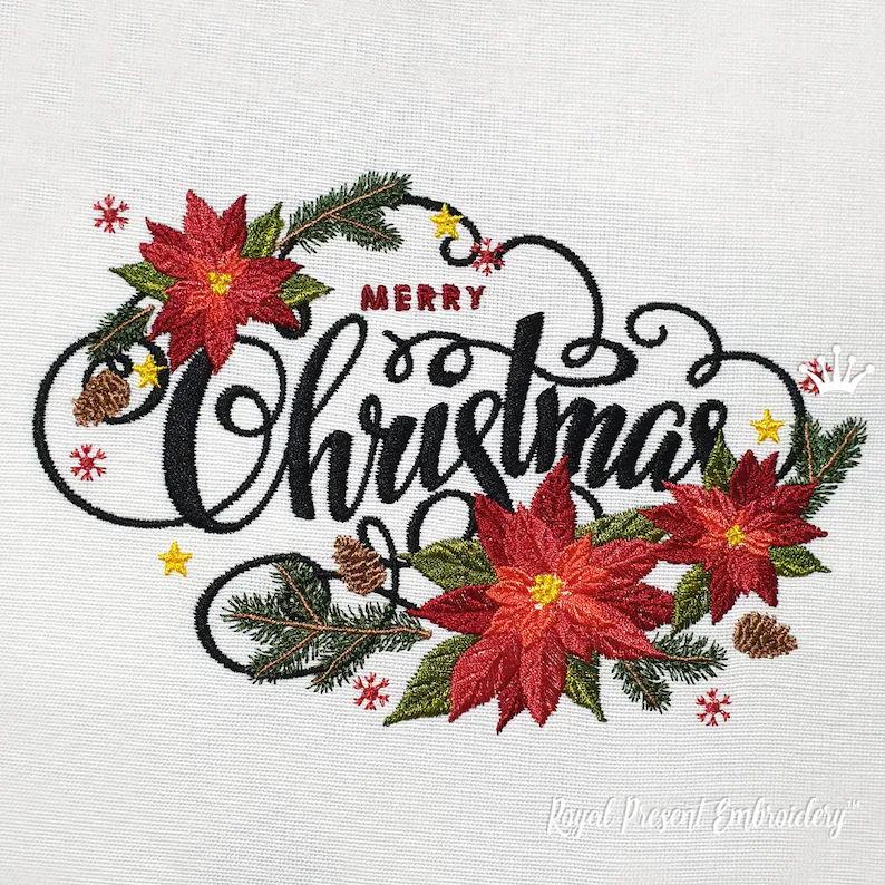 Mery Christmas with holly and poinsettias embroidery design