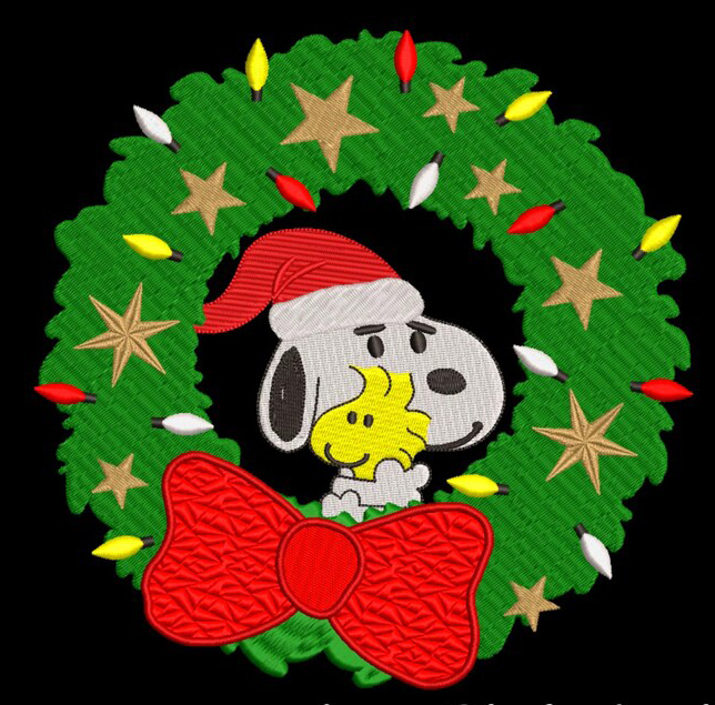 Snoopy in a Christmas Wreath embroidery design