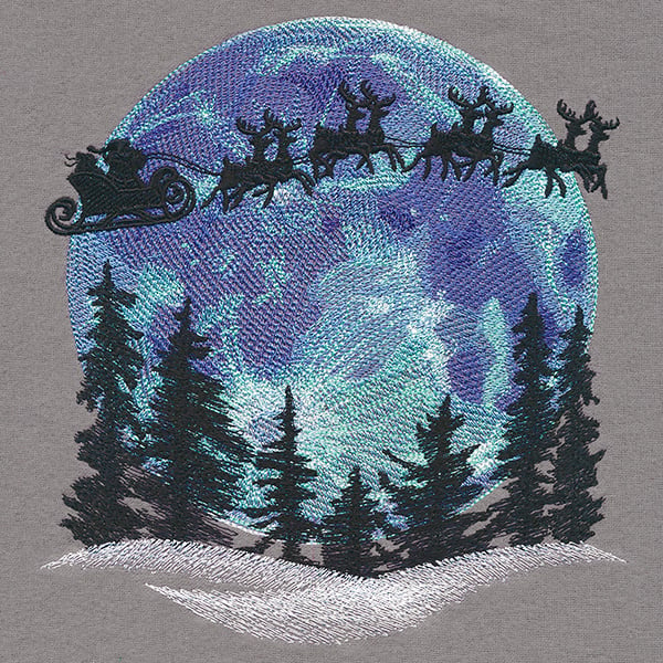 Christmas Winter Scene with Santa and Reindeer Flying above embroidery design