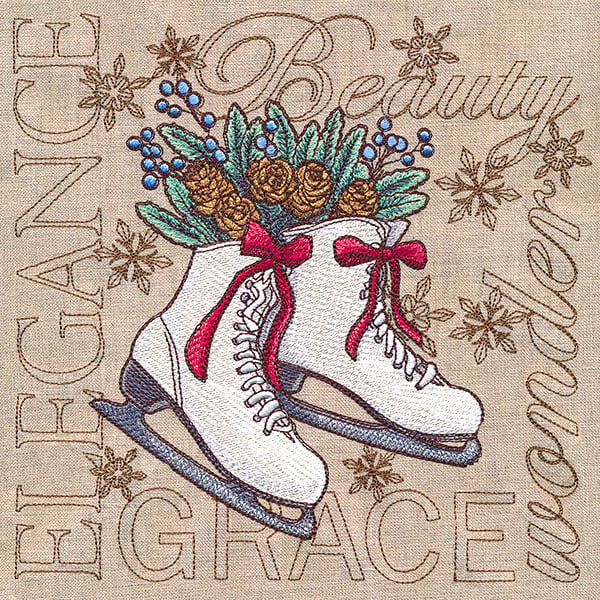 Ice skates and holly embroidery design