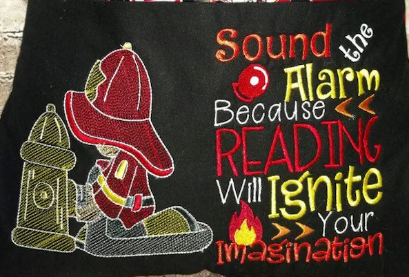 Fireman book pillow embroidery design with fireman's saying