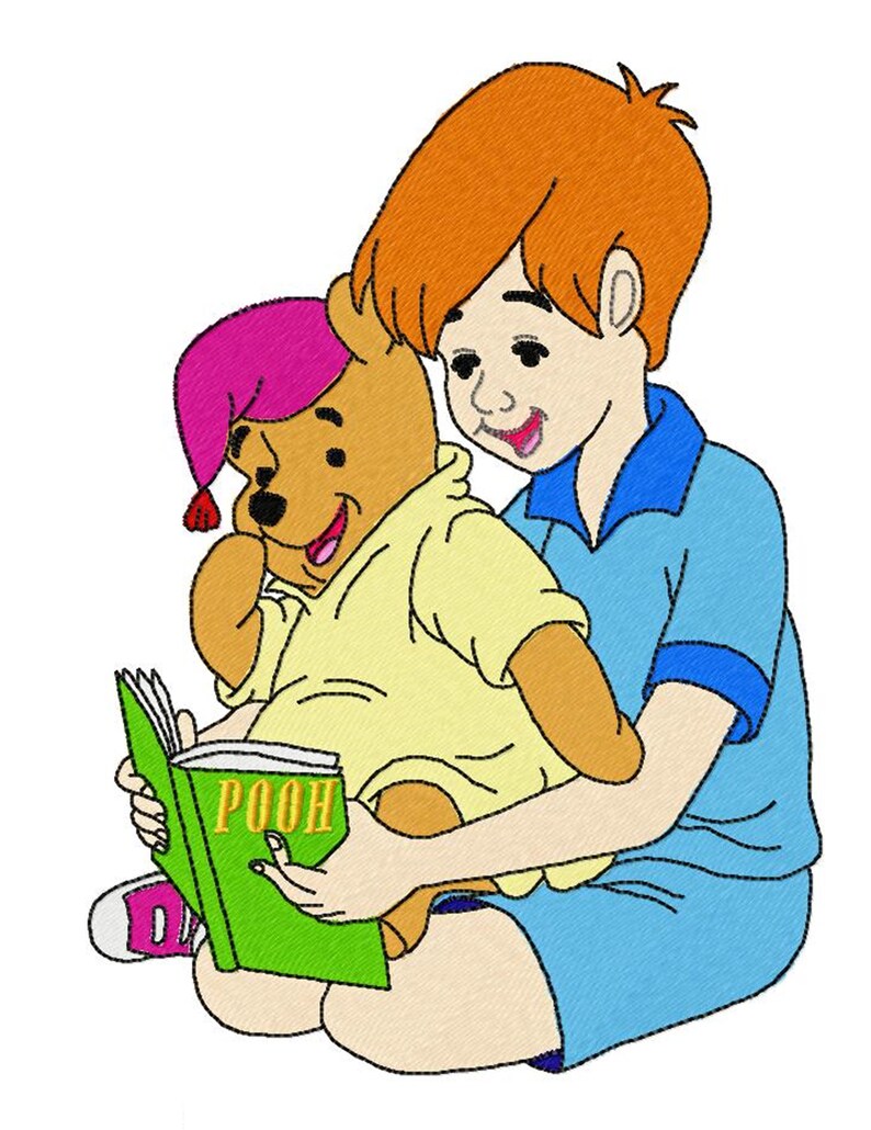 Christopher Robin and Pooh reading a book machine embroidery design