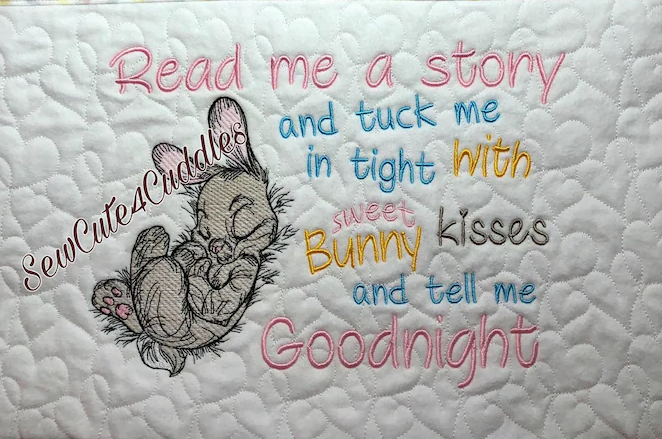 Machine embroidered bunny with read me a story saying