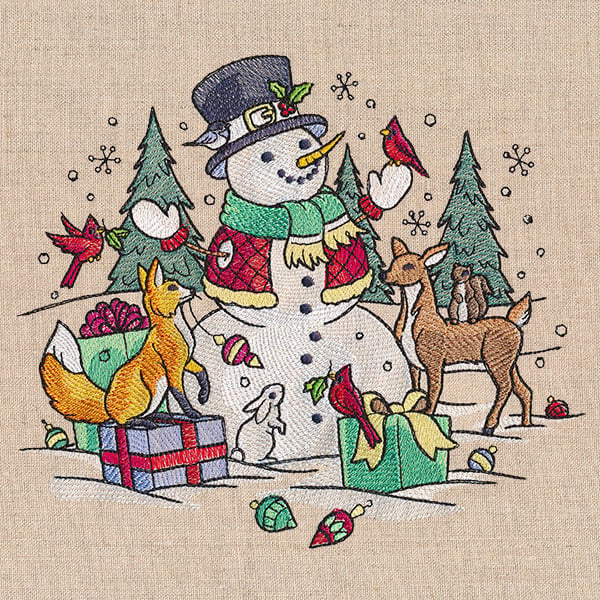 Christmas Snowman with animals and presents embroidery design