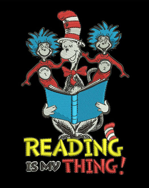 Dr. Suess THing 1 and Thing 2 reading pillow machine embroidery design 